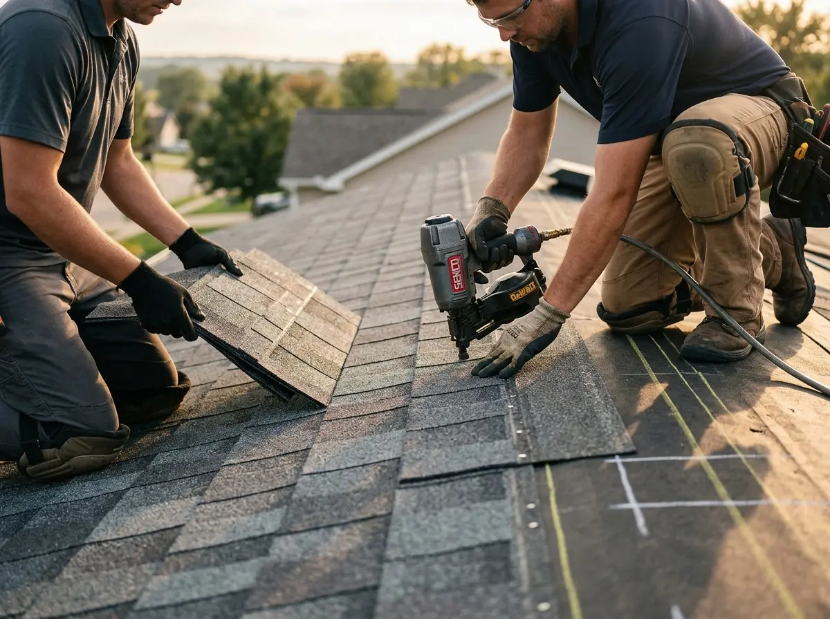 Professional roofer working on a residential roof in Westgate